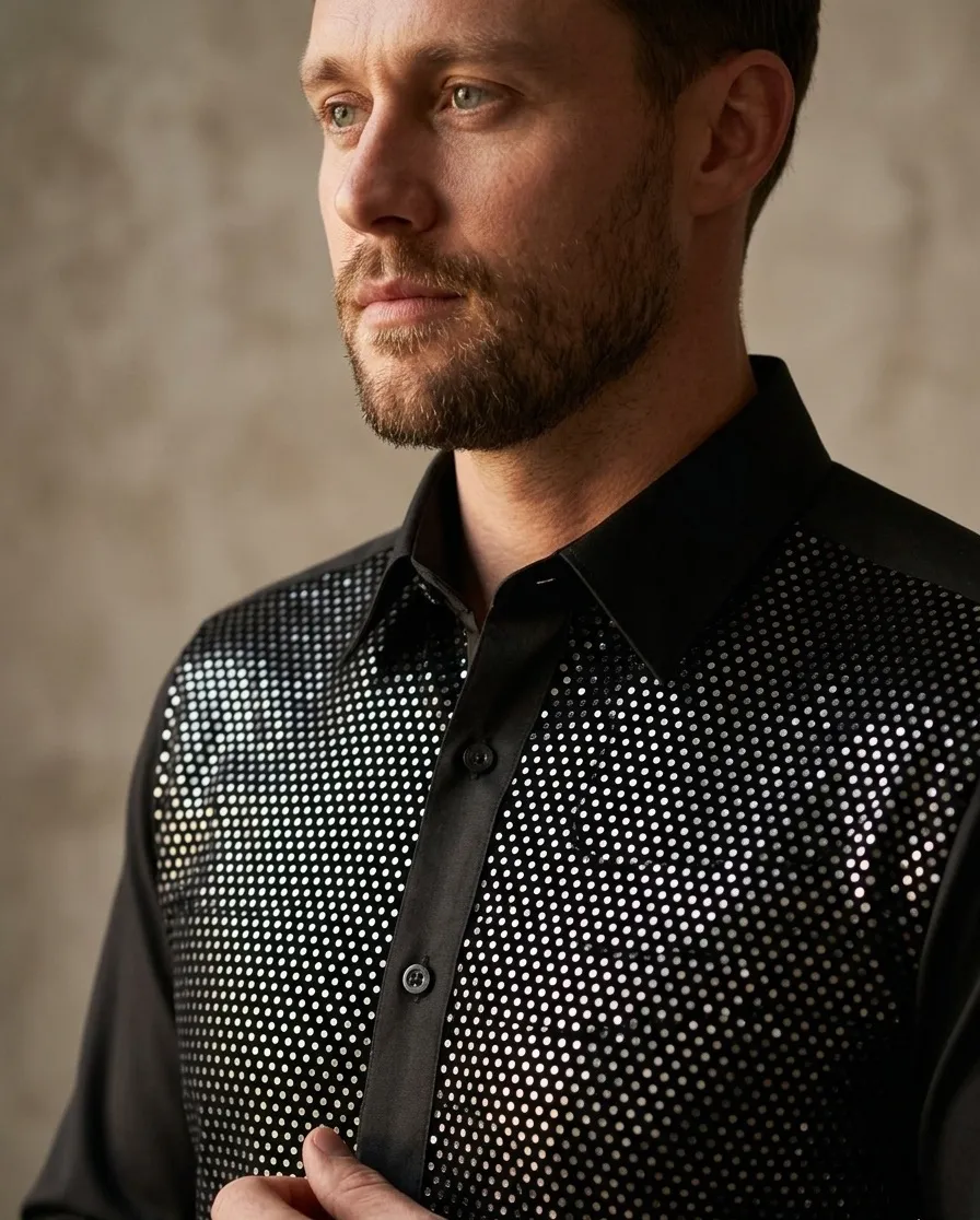 Black Sequin Fashion Shirt with Plain Collar Tip Design
